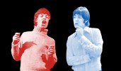 A red-tinted image of Mick Jagger and a blue-tinted image of Paul McCartney, facing each other on a black background